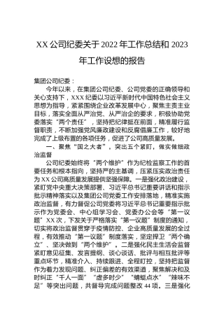 XX公司纪委关于2022年工作总结和 2023年工作设想的报告 (2)