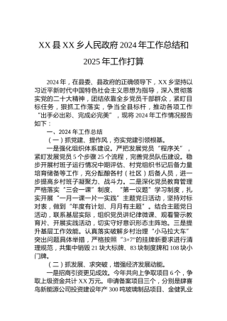XX县XX乡人民政府2024年工作总结和2025年工作打算