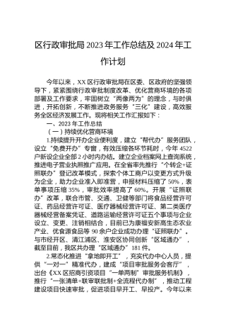 区行政审批局2023年工作总结及2024年工作计划