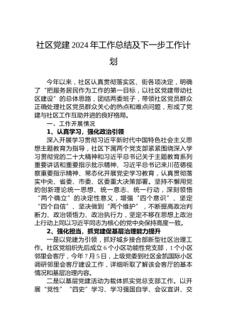 社区党建2024年工作总结及下一步工作计划