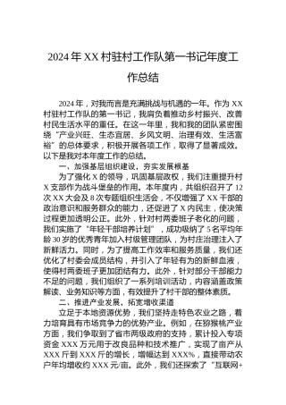 2024年XX村驻村工作队第一书记年度工作总结
