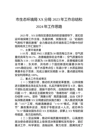 市生态环境局XX分局 2023年工作总结和2024年工作思路