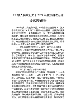 XX镇人民政府关于2024年度法治政府建设情况的报告
