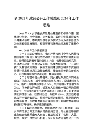 乡2023年政务公开工作总结和2024年工作思路