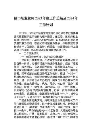 区市场监管局2023年度工作总结及2024年工作计划