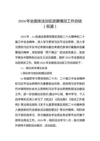 2024年全面依法治区进展情况工作总结（街道）