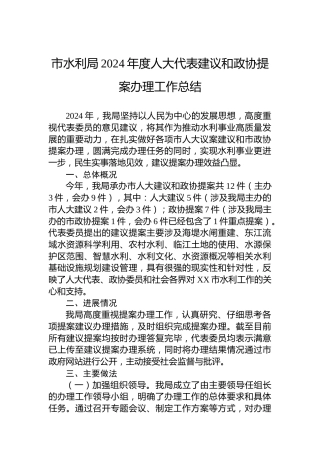 市水利局2024年度人大代表建议和政协提案办理工作总结