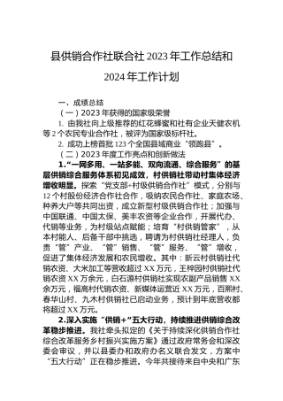 县供销合作社联合社2023年工作总结和2024年工作计划