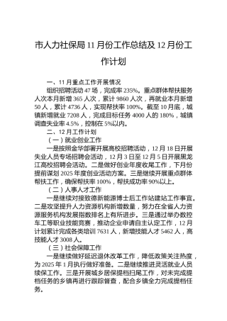 市人力社保局11月份工作总结及12月份工作计划