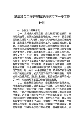 基层减负工作开展情况总结和下一步工作计划