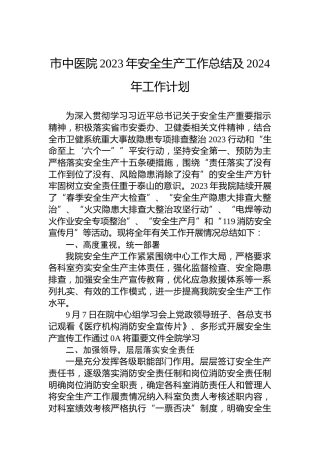 市中医院2023年安全生产工作总结及2024年工作计划