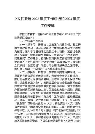 XX民政局2023年度工作总结和2024年度工作安排