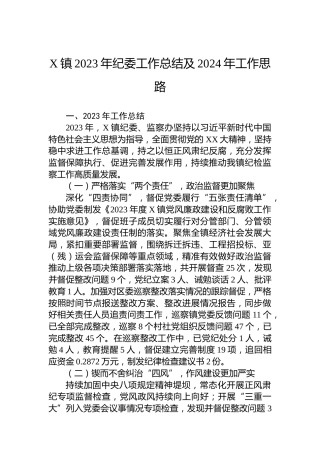 X镇2023年纪委工作总结及2024年工作思路