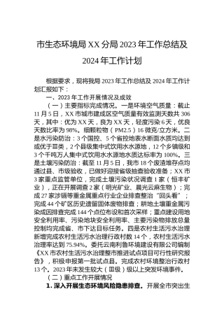 市生态环境局XX分局2023年工作总结及2024年工作计划