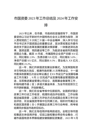 市国资委2023年工作总结及2024年工作安排