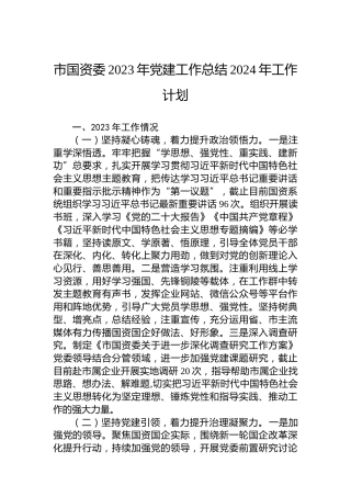 市国资委2023年党建工作总结2024年工作计划