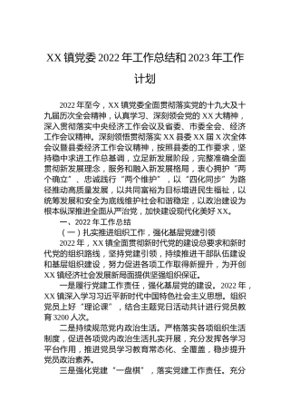 XX镇党委2022年工作总结和2023年工作计划