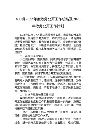 XX镇2022年度政务公开工作总结及2023年政务公开工作计划