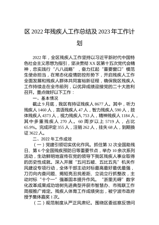区2022年残疾人工作总结及2023年工作计划