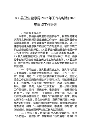 XX县卫生健康局2022年工作总结和2023年重点工作计划