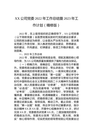 XX公司党委2022年工作总结暨2023年工作计划（精修版）