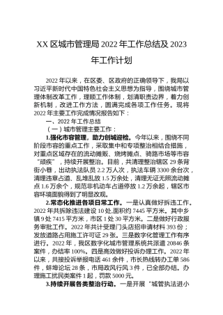 XX区城市管理局2022年工作总结及2023年工作计划