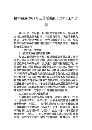 区科经局2022年工作总结和2023年工作计划