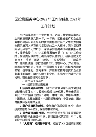 区投资服务中心2022年工作总结和2023年工作计划