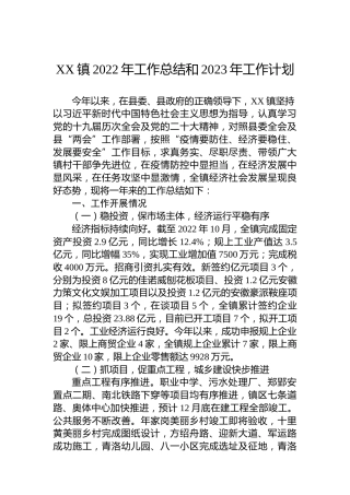 某镇2022年工作总结和2023年工作计划