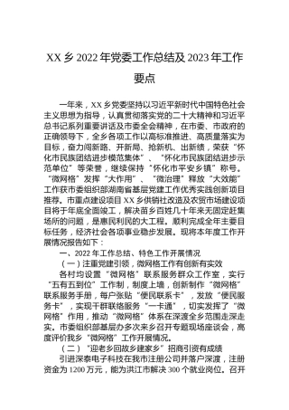 XX乡2022年党委工作总结及2023年工作要点