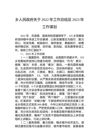 乡人民政府关于2022年工作总结及2023年工作谋划