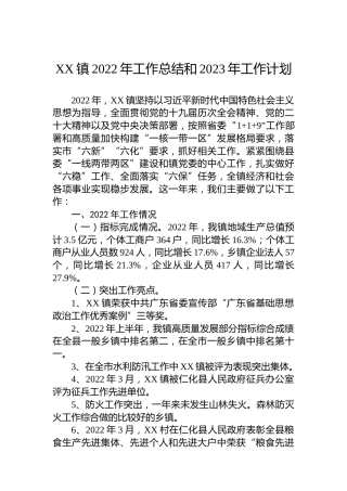 XX镇2022年工作总结和2023年工作计划
