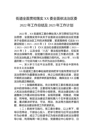 街道全面贯彻落实XX委全面依法治区委2022年工作总结及2023年工作计划