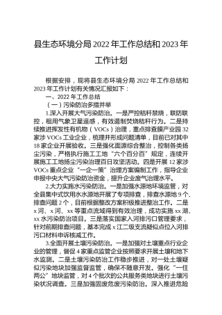 县生态环境分局2022年工作总结和2023年工作计划