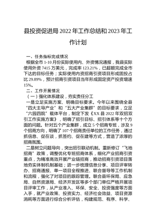 县投资促进局2022年工作总结和2023年工作计划