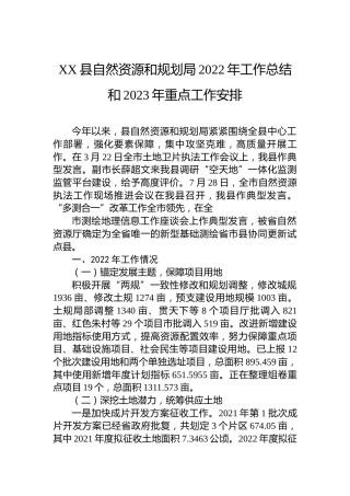 XX县自然资源和规划局2022年工作总结和2023年重点工作安排