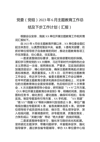党委（党组）2023年6月主题教育工作总结及下步工作计划（汇报）