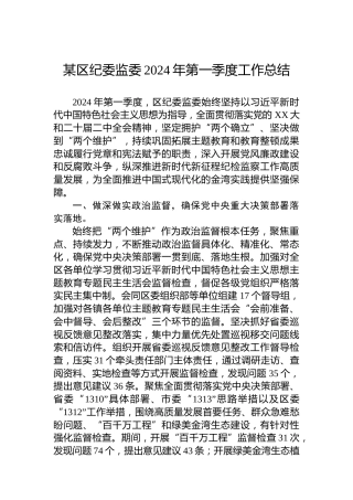 某区纪委监委2024年第一季度工作总结