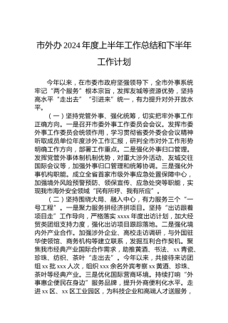 市外办2024年度上半年工作总结和下半年工作计划