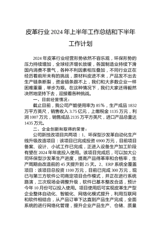 皮革行业2024年上半年工作总结和下半年工作计划