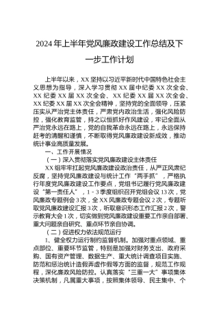 2024年上半年党风廉政建设工作总结及下一步工作计划