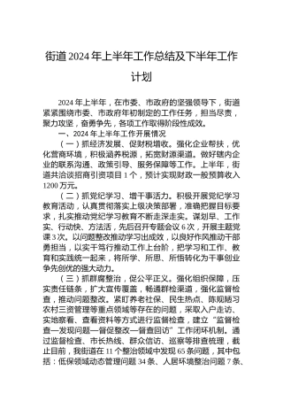 街道2024年上半年工作总结及下半年工作计划