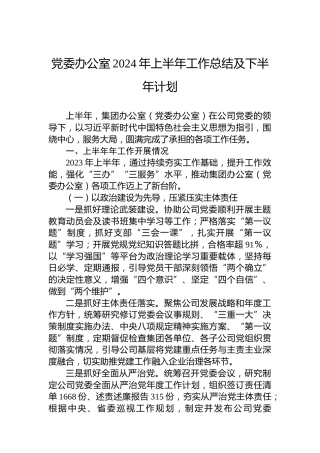 党委办公室2024年上半年工作总结及下半年计划