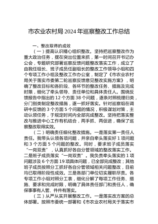 市农业农村局2024年巡察整改工作总结