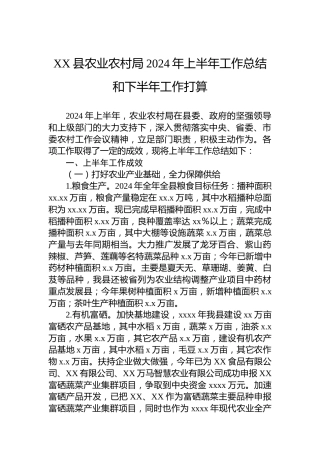 XX县农业农村局2024年上半年工作总结和下半年工作打算
