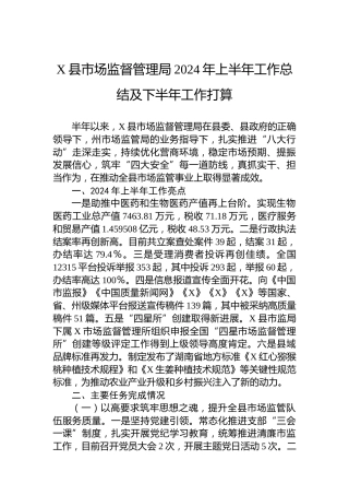X县市场监督管理局2024年上半年工作总结及下半年工作打算