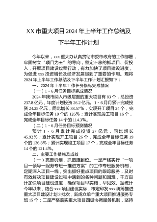 XX市重大项目2024年上半年工作总结及下半年工作计划