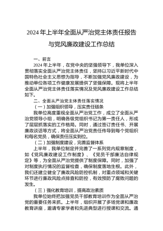 2024年上半年全面从严治党主体责任报告与党风廉政建设工作总结