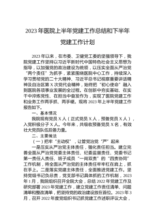 2023年医院上半年党建工作总结和下半年党建工作计划