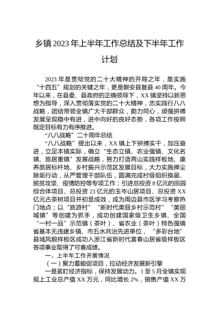 乡镇2023年上半年工作总结及下半年工作计划